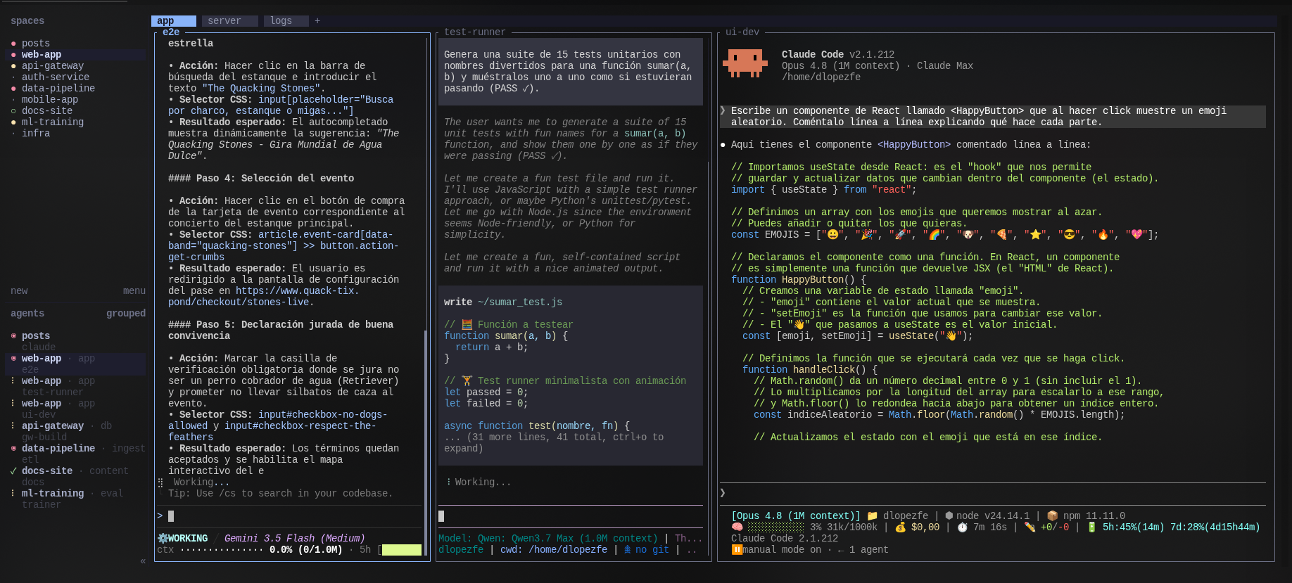 Herdr with several workspaces, tabs and three agents running in parallel
